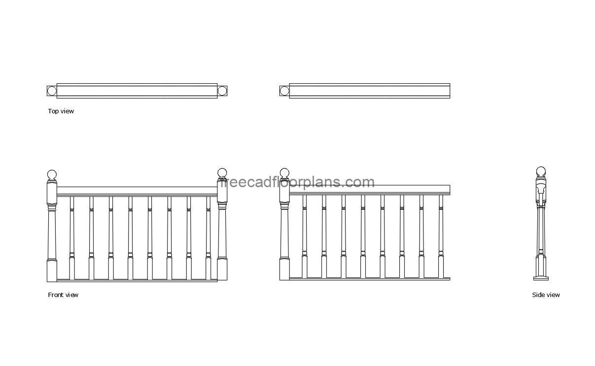 wooden railing autocad drawing, plan and elevation 2d views, dwg file free for download