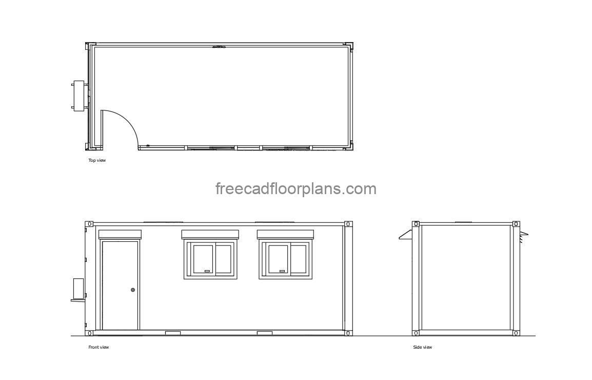 20 ft. container office autocad drawing, plan and elevation 2d views, dwg file free for download