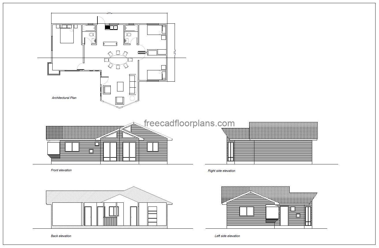 20x40 cabin with 3 bedrooms autocad drawing, plan and elevation 2d views, dwg file free for download