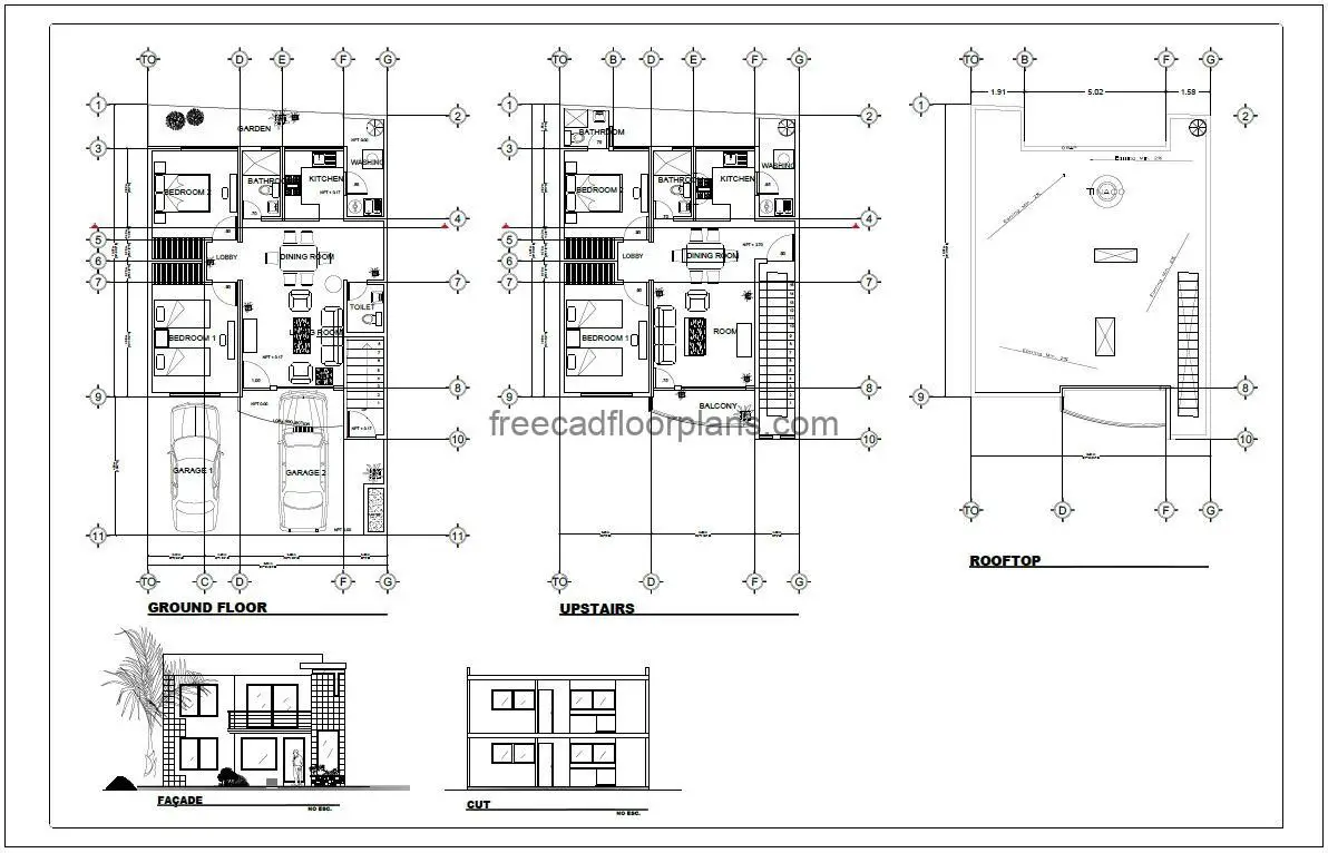 28x34 two story house plan, 2d pdf drawing, fully furnished layout for free download