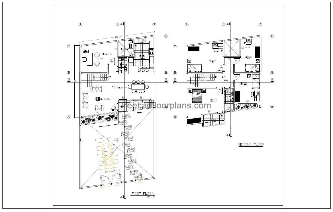 30x30 house with car parking PDF drawing, 2d house fully furnished for free download