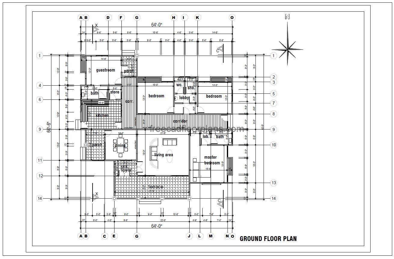 60x64 cabin house south facing autocad drawing, plan and elevation 2d views, dwg file free for download
