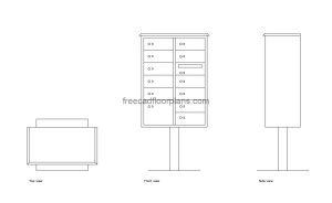 apartment style mailbox autocad drawing, plan and elevation 2d views, dwg file free for download