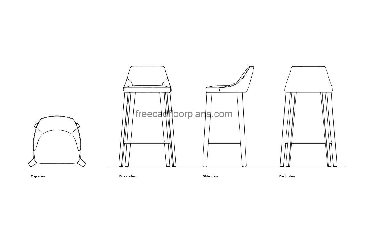 breakfast chair autocad drawing, plan and elevation 2d views, dwg file free for download