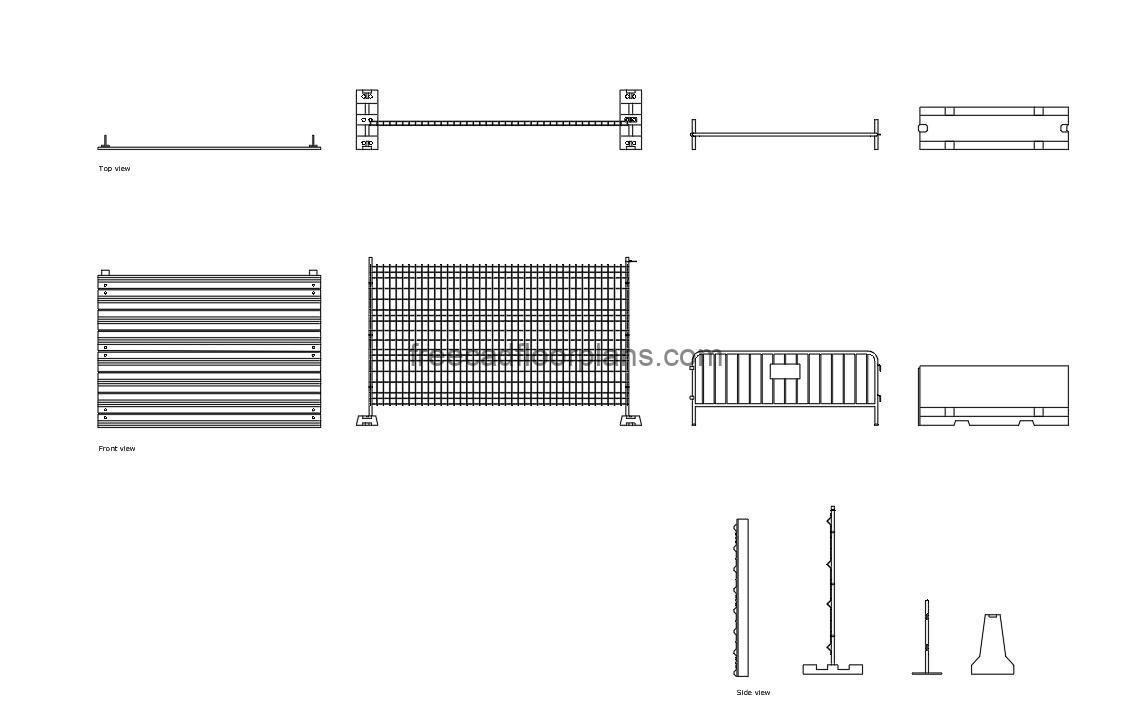 construction fences autocad drawing, plan and elevation 2d views, dwg file free for download