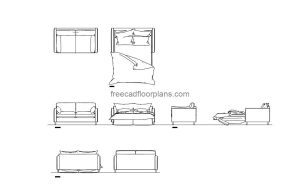 convertible sofa autocad drawing, plan and elevation 2d views, dwg file free for download