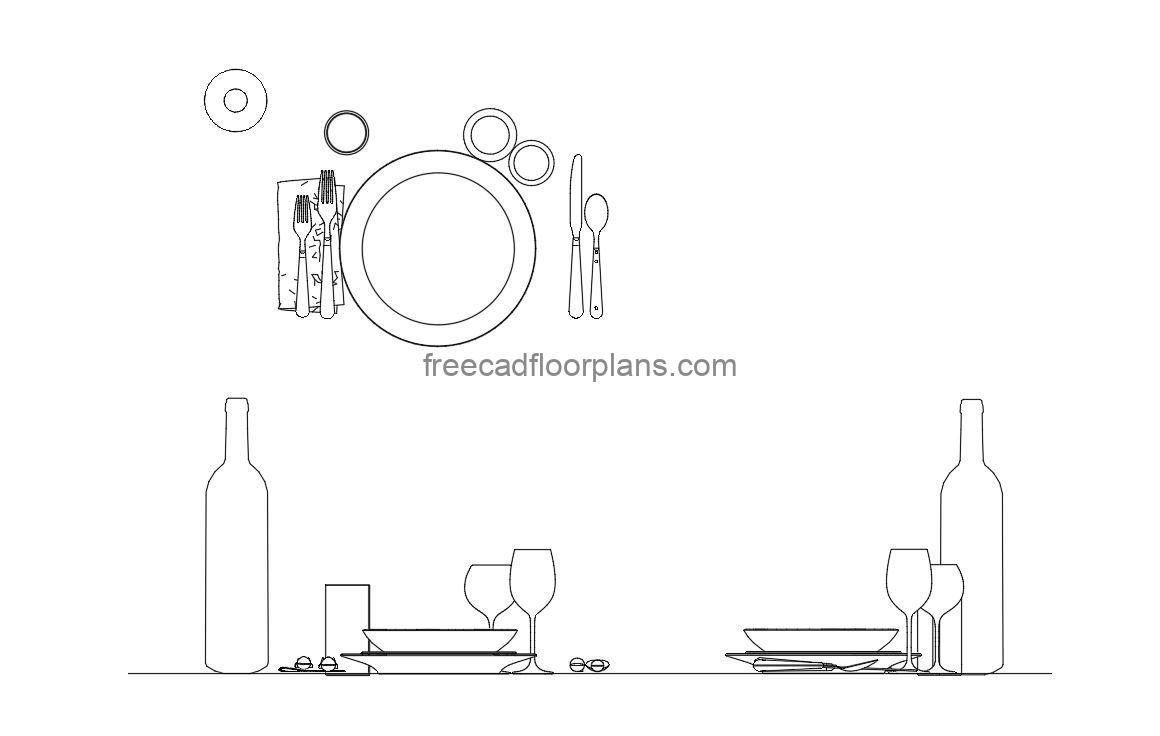 dishes and cutlery autocad drawing, plan and elevation 2d views, dwg file free for download