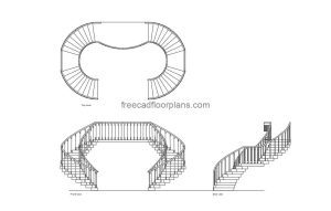 double spiral stairs autocad drawing, plan and elevation 2d views, dwg file free for download