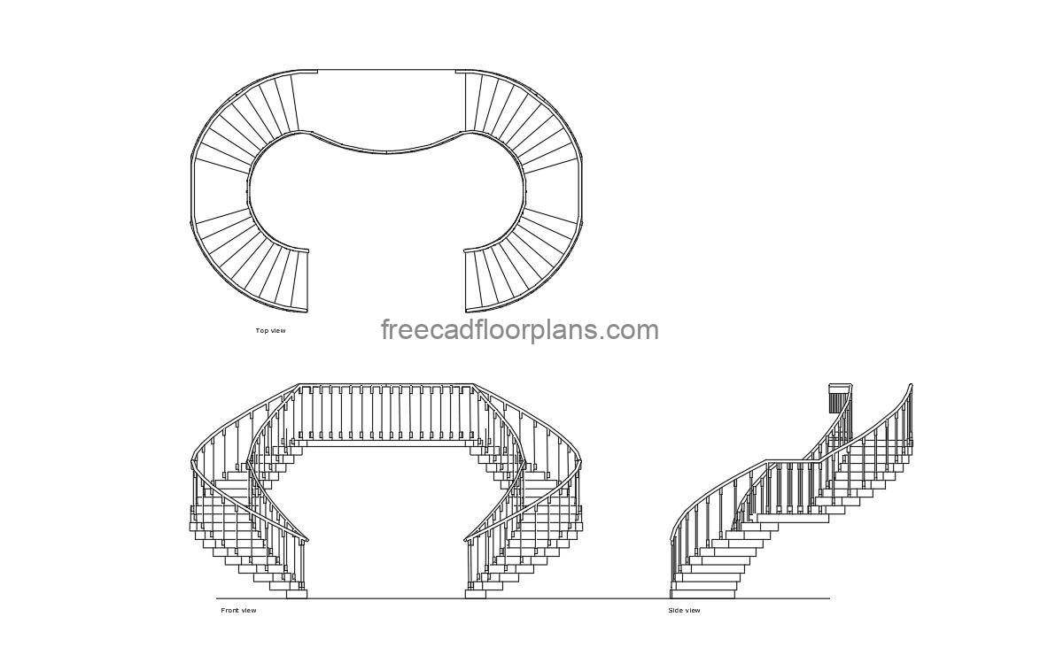 double spiral stairs autocad drawing, plan and elevation 2d views, dwg file free for download