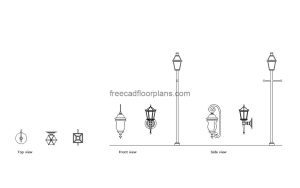 gas lanterns autocad drawing, plan and elevation 2d views, dwg file free for download