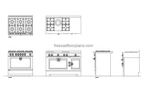 la cornue gas range autocad drawing, plan and elevation 2d views, dwg file free for download