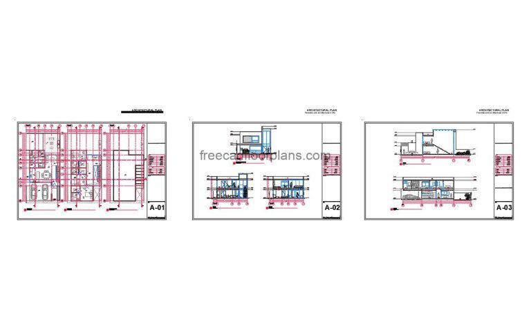 Autocad drawing of modern residence, floor plan with details in plan and sections, house with three rooms, two levels, dwg and pdf file for digital download.