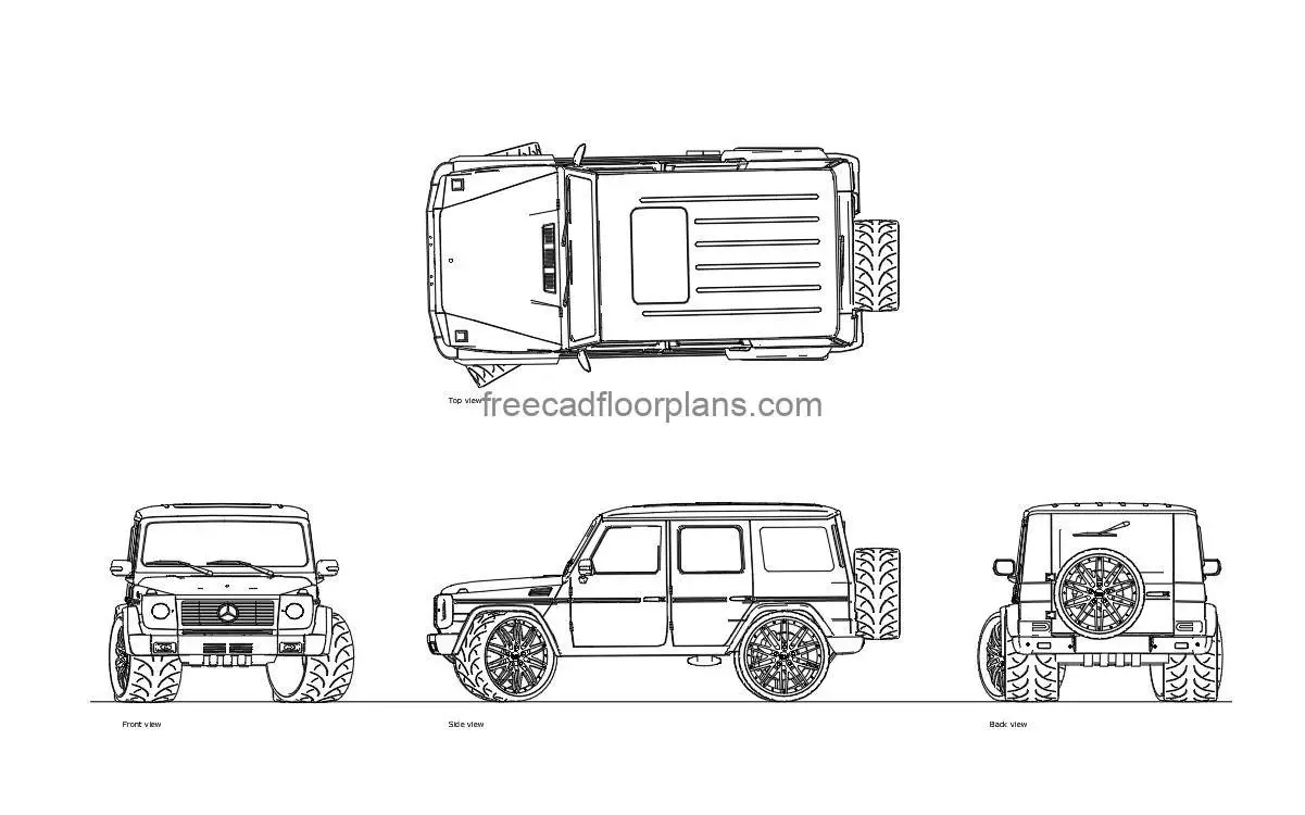 mercedes g-class autocad drawing, plan and elevation 2d views, dwg file free for download