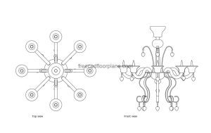 murano glass chandelier autocad drawing, plan and elevation 2d views, dwg file free for download