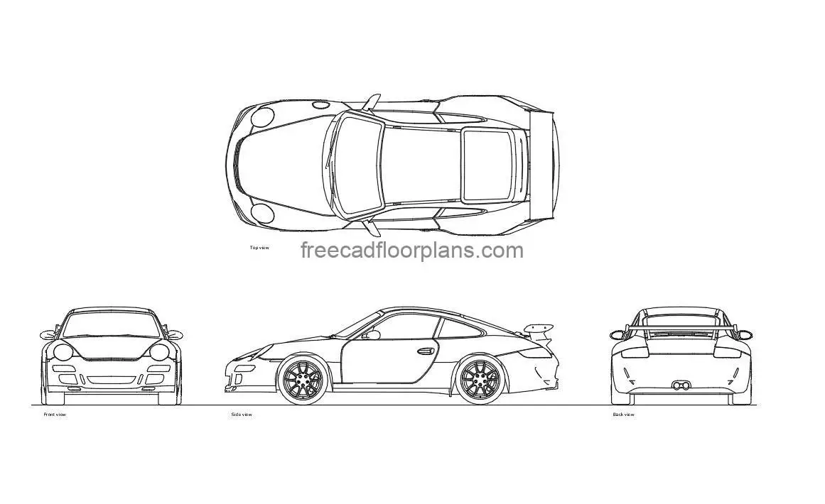 porsche 911 autocad drawing, plan and elevation 2d views, dwg file free for download