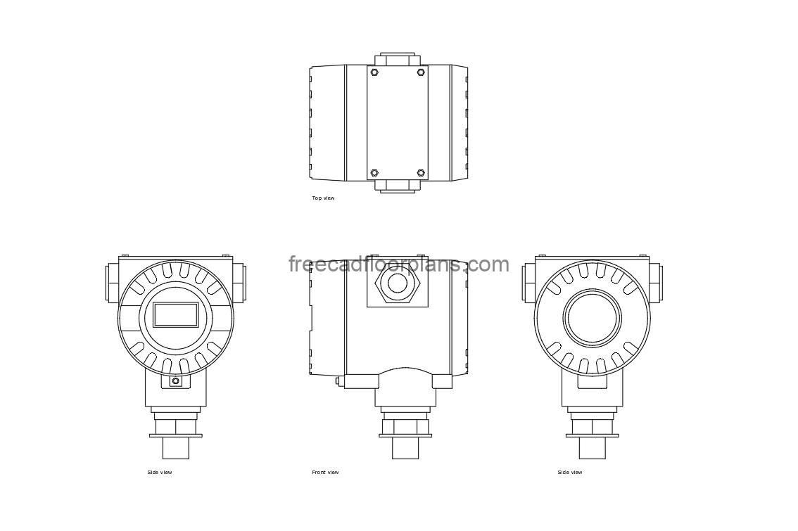 pressure transmitter autocad drawing, plan and elevation 2d views, dwg file free for download