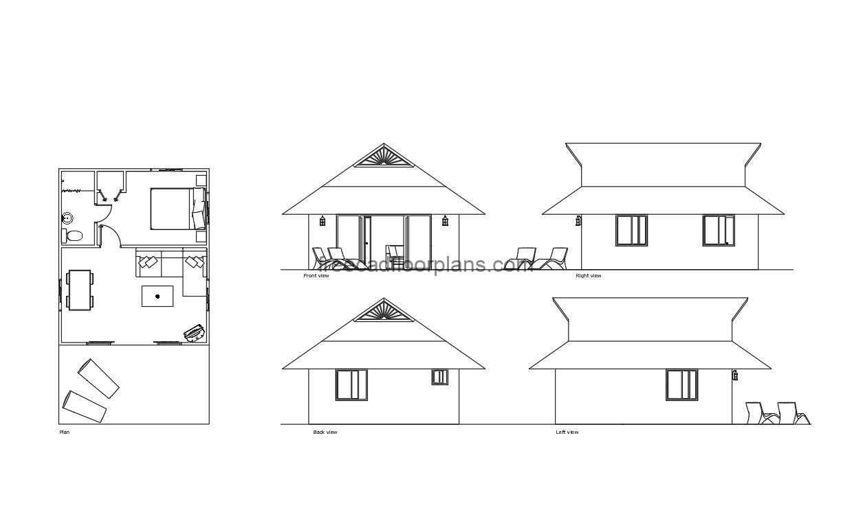 resort cottage autocad drawing, plan and elevation 2d views, dwg file free for download