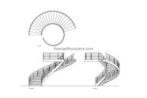 semi circular staircase autocad drawing, plan and elevation 2d views, dwg file free for download