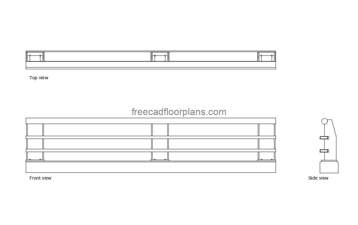 vehicle barrier railing autocad drawing, plan and elevation 2d views, dwg file free for download