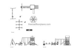 Outdoor children's playground autocad drawing, plan and elevation 2d views, dwg file free for download