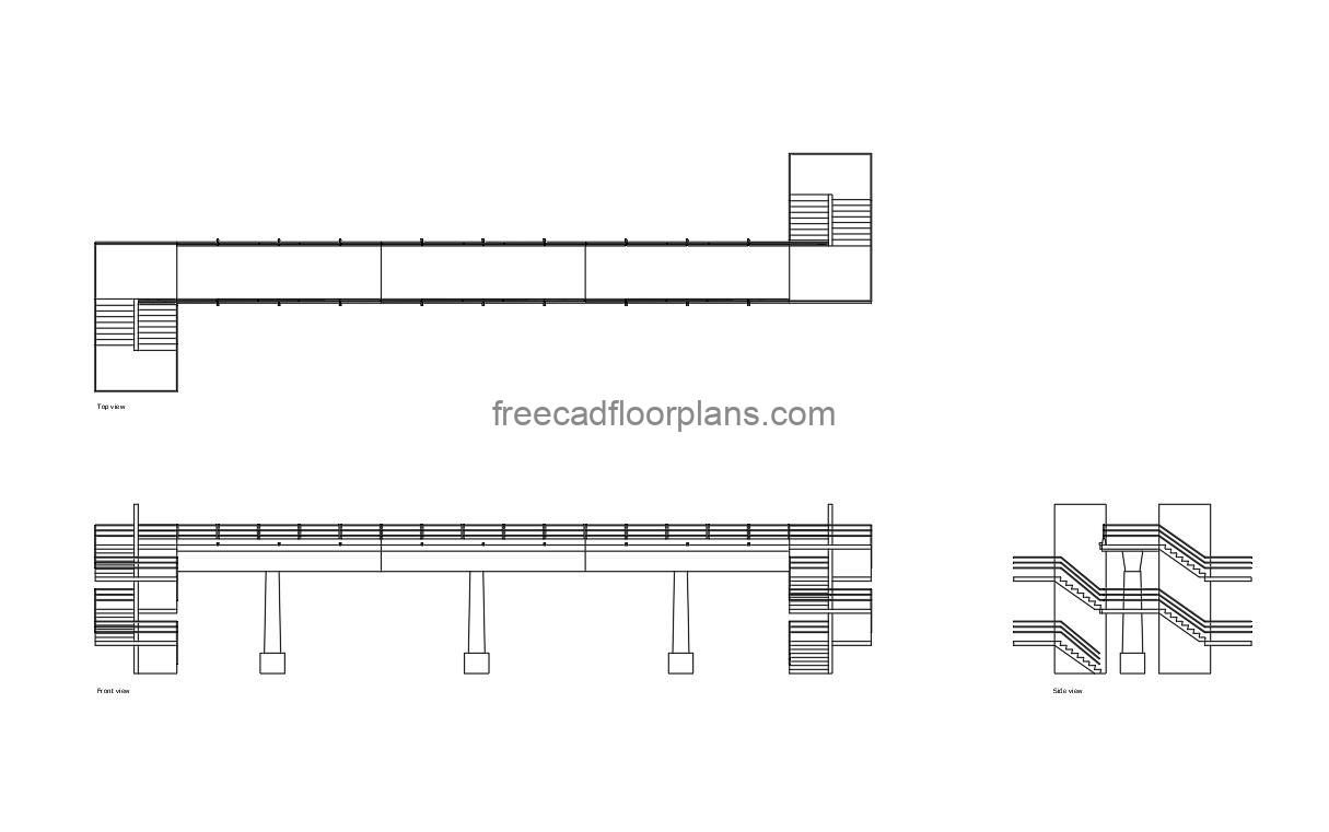 generic pedestrian bridge autocad drawing, plan and elevation 2d views, dwg file free for download