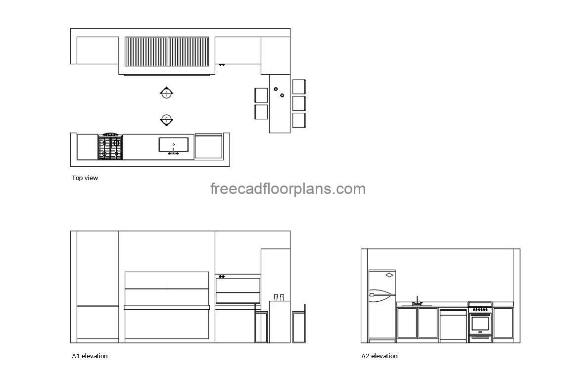 outdoor bbq kitchen autocad drawing, plan and elevation 2d views dwg file free for download