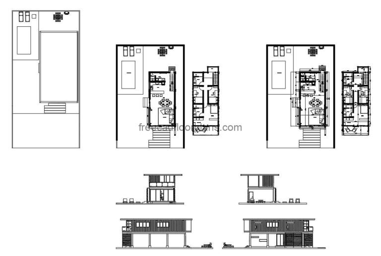 two story container house with swimming pool and two bedroom, plan and elevation in pdg and dwg format for download