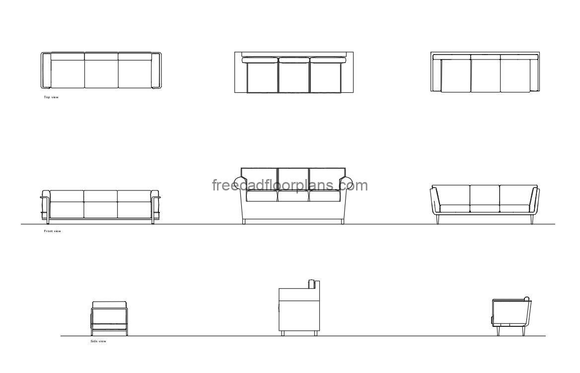 3-seater sofas autocad drawing, plan and elevation 2d views, dwg file free for download