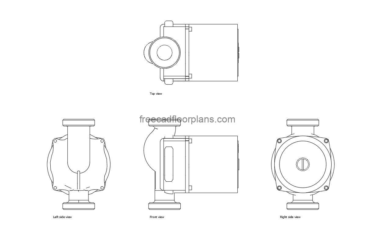 circulation pump autocad drawing, plan and elevation 2d views, dwg file free for download