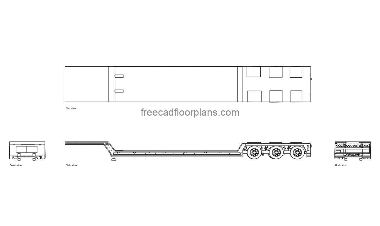 lowboy trailer autocad drawing, plan and elevation 2d views, dwg file free for download