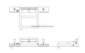 minimalistic modern bed autocad drawing, plan and elevation 2d views, dwg file free for download