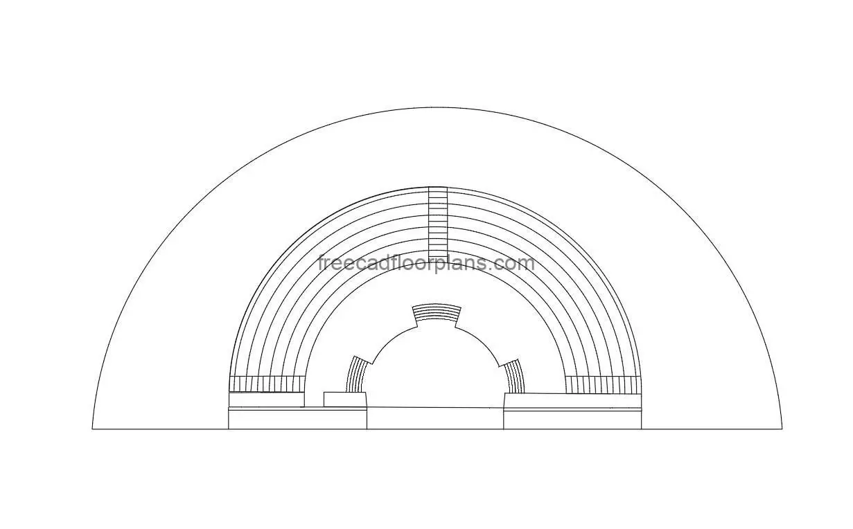 open air theatre autocad drawing, plan and elevation 2d views, dwg file free for download