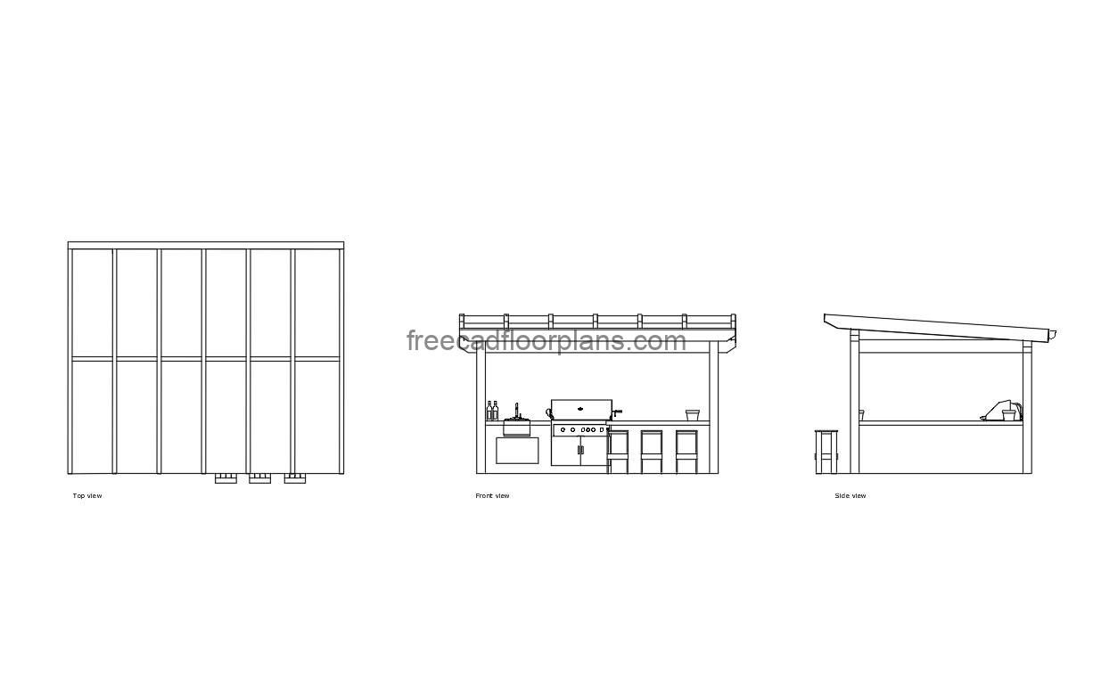 pergola and bbq area autocad drawing, plan and elevation 2d views, dwg file free for download