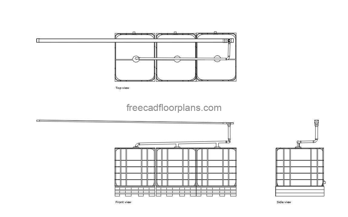 rainwater harvesting water tanks autocad drawing, plan and elevation 2d views, dwg file free for download