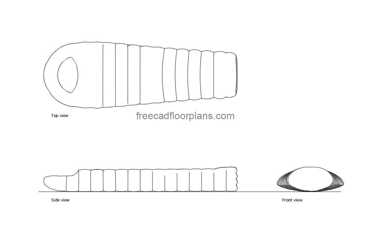 sleeping bag autocad drawing, plan and elevation 2d views, dwg file free for download