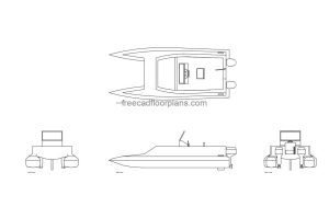 small catamaran boat autocad drawing, plan and elevation 2d views, dwg file free for download