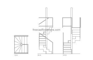 square spiral staircase autocad drawing, plan and elevation 2d views, dwg file free for download