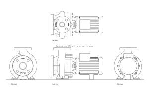 suction pump autocad drawing, plan and elevation 2d views, dwg file free for download