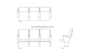 theatre chairs autocad drawing, plan and elevation 2d views, dwg file free for download