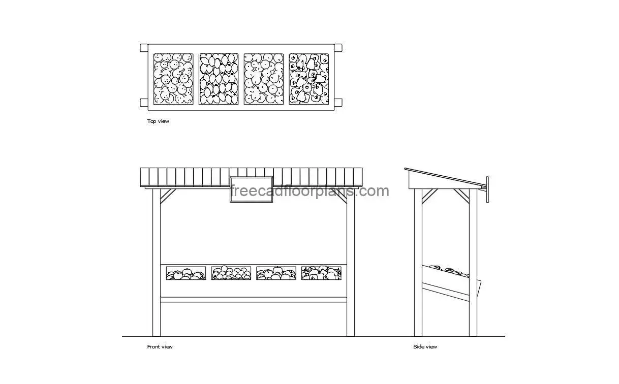vegetable market stall autocad drawing, plan and elevation 2d views, dwg file free for download