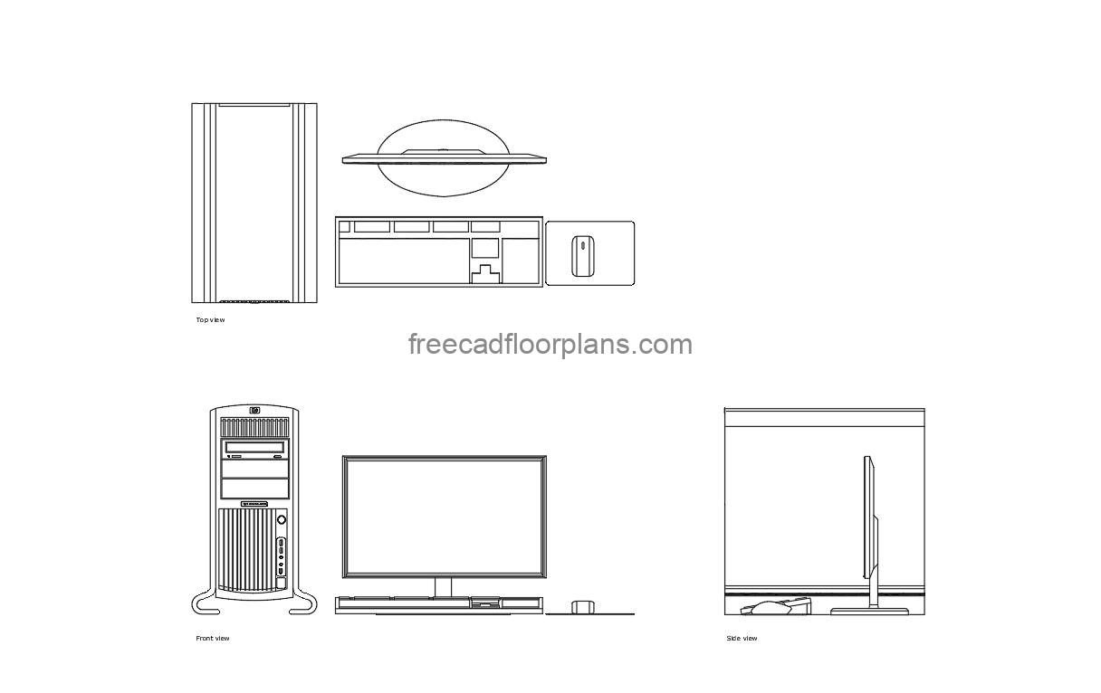 workstation computer autocad drawing, plan and elevation 2d views, dwg file free for download