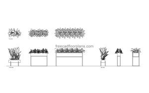 3 modern planter box autocad drawing, plan and elevation 2d views, dwg file free for download