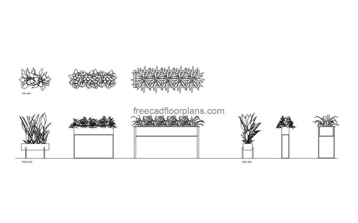 3 modern planter box autocad drawing, plan and elevation 2d views, dwg file free for download