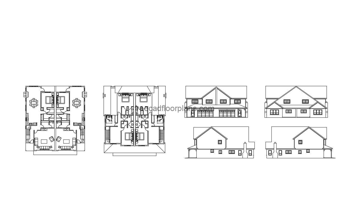 4 bedroom duplex house autocad drawing, plan and elevation 2d views, dwg file free for download