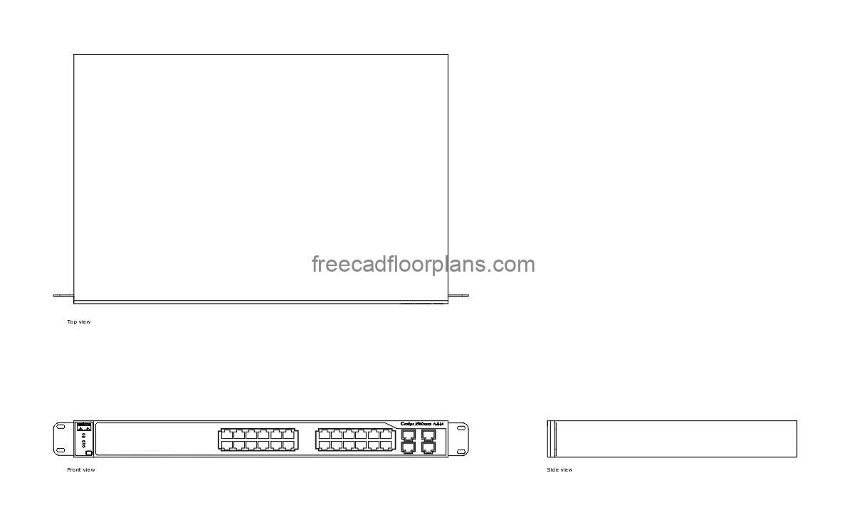 Cisco 24 port ethernet switch autocad drawing, plan and elevation 2d views, dwg file free for download