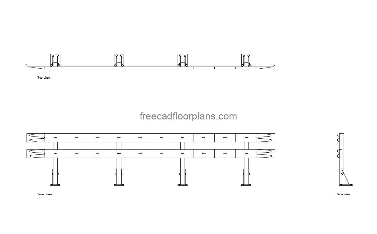 armco barrier autocad drawing, plan and elevation 2d views, dwg file free for download