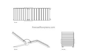 beach bench autocad drawing, plan and elevation 2d views, dwg file free for download