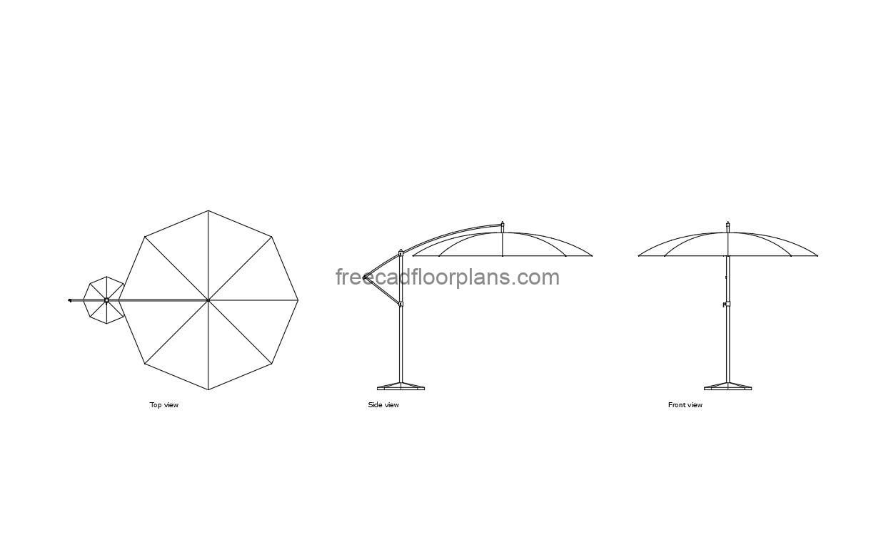 beach umbrella autocad drawing, plan and elevation 2d views, dwg file free for download