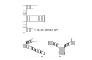 bifurcated staircase autocad drawing, plan and elevation 2d views, dwg file free for download