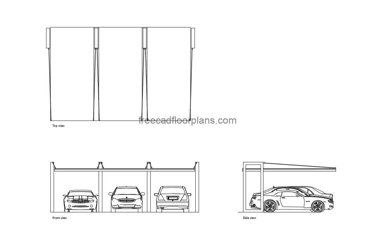 car parking shed autocad drawing, plan and elevation 2d views, dwg file free for download